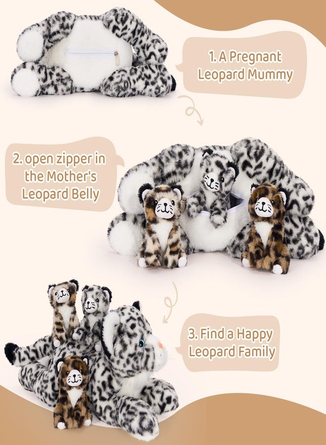 ماوجولان مجموعة ماوغولان من دمى النمر الثلجي المحشوة مع صغارها، 4 قطع من دمى النمر المحشوة للبنات، دمية فهد أم وصغيرها المحشوة، دمى فهد محشوة مع 3 أشبال للأطفال، هدية مثالية لأعياد الميلاد والكريسماس - Image 5